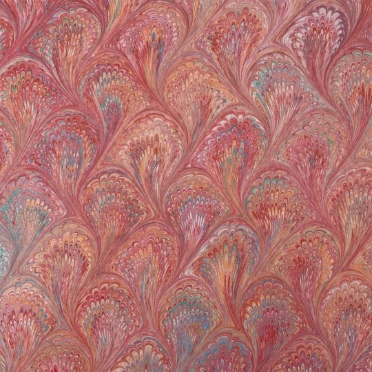 Hand Marbled Paper Peacock Pattern in Reds on Brown Paper ~ Berretti Marbled Arts